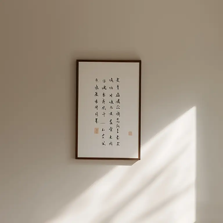 Ein gerahmtes Kunstwerk mit chinesischer Kalligraphie hängt an einer beigen Wand, die von sanftem natürlichem Licht und den Schatten eines nahen Fensters erhellt wird.