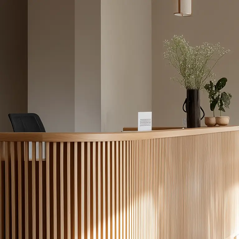 Ein moderner, minimalistischer Empfangstresen aus hellem Holz mit vertikalen Lamellen, mit einem schwarzen Stuhl, einer Vase mit Blumen und einem kleinen weißen Schild. Die Wand im Hintergrund ist neutral und sanft beleuchtet.