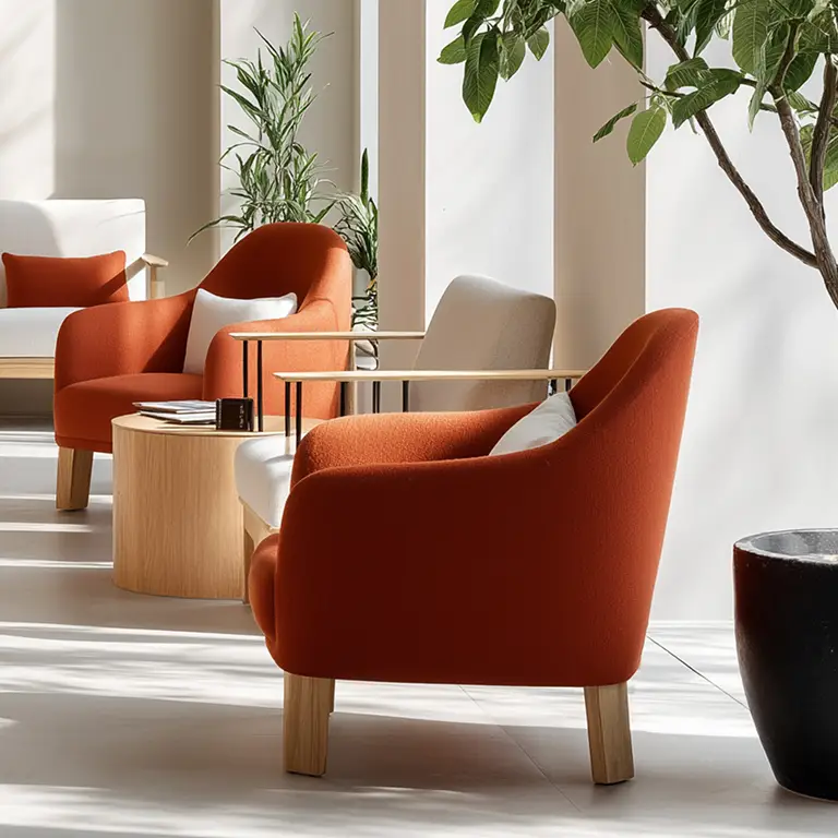 Ein helles, modernes Wohnzimmer mit orangefarbenen und weißen Sesseln, einem runden Couchtisch aus Holz, Topfpflanzen und großen Fenstern, die natürliches Licht hereinlassen.